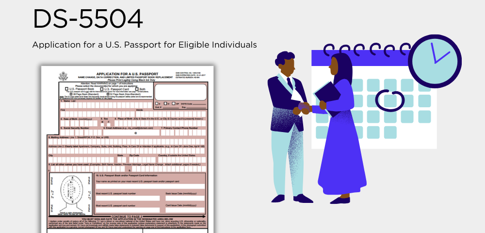 The blank printable Form DS-5504 to apply for a new U.S. passport and the image of two people